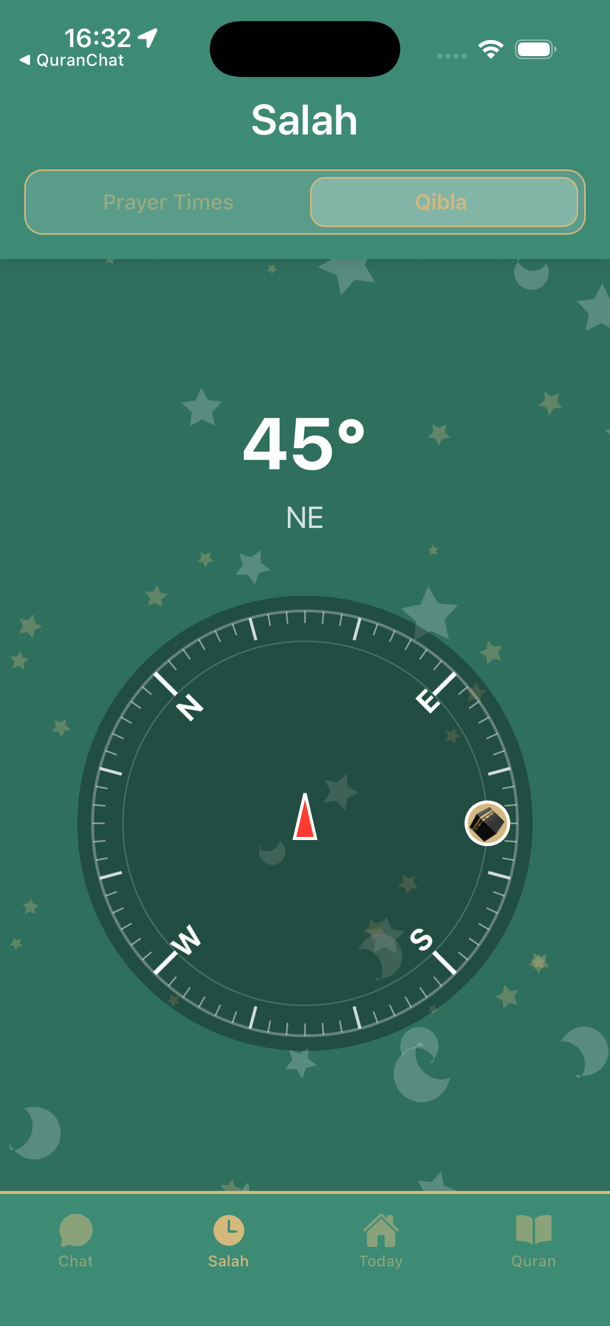 Quran Chat — Qibla compass toward Makkah