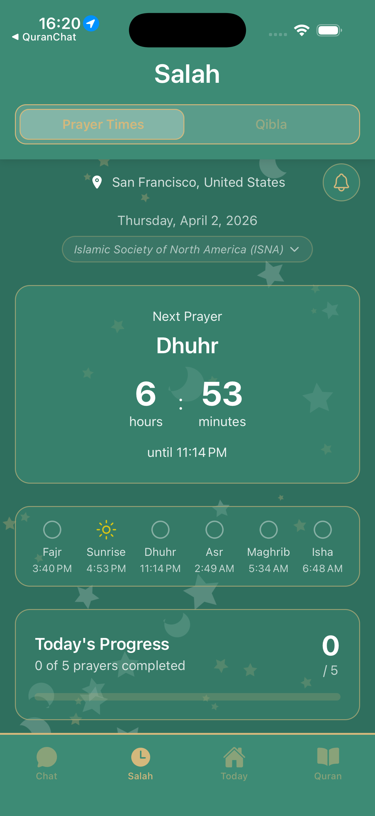 Quran Chat — prayer times and daily Salah progress