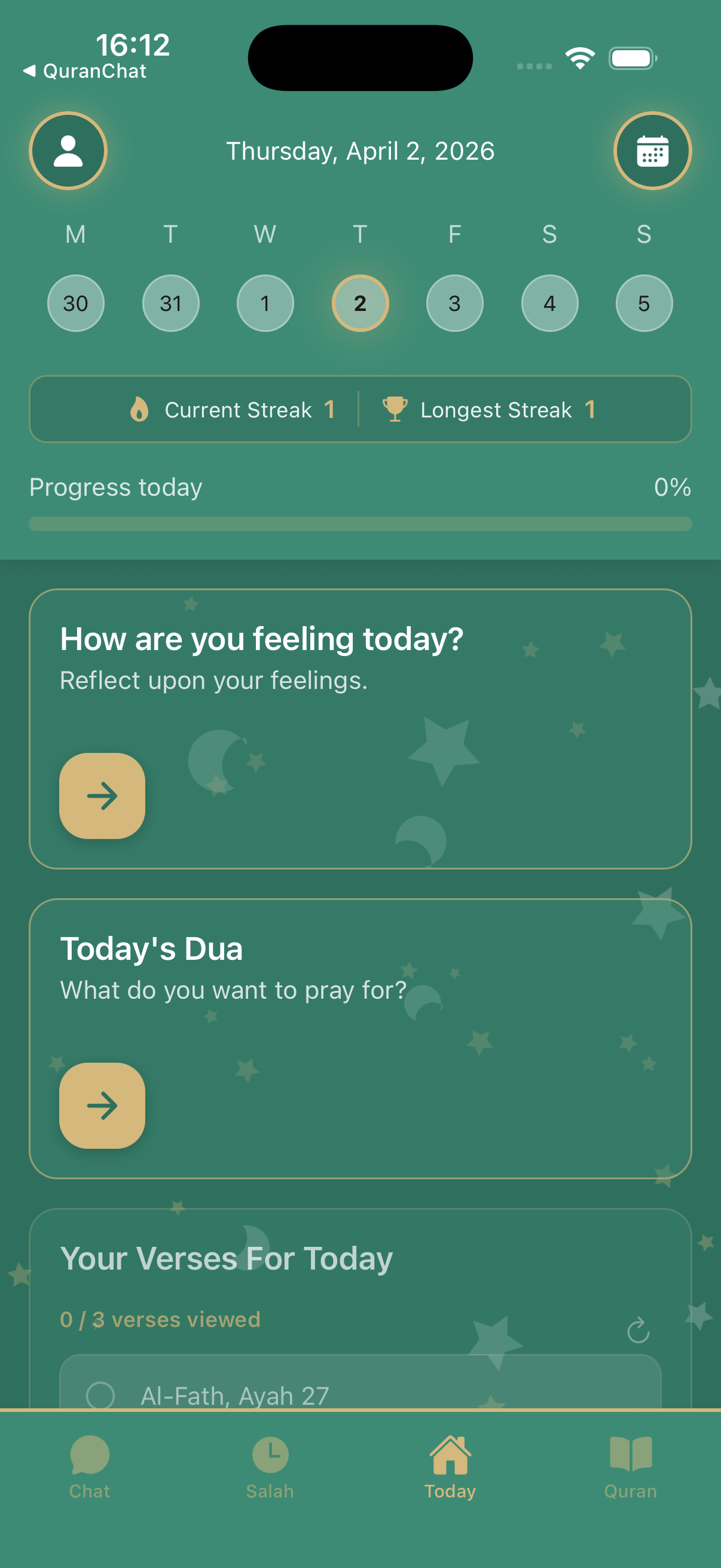 Quran Chat — Today tab with daily verse, prayer progress, and journal